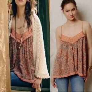 Lilka ANTHROPOLOGIE Boho Fringe Hem Swing Tank Embroidered Top